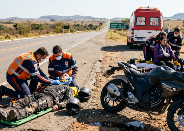 Casal cai de motocicleta na BR-365 entre Patos de Minas e o trevo de Santana de Patos